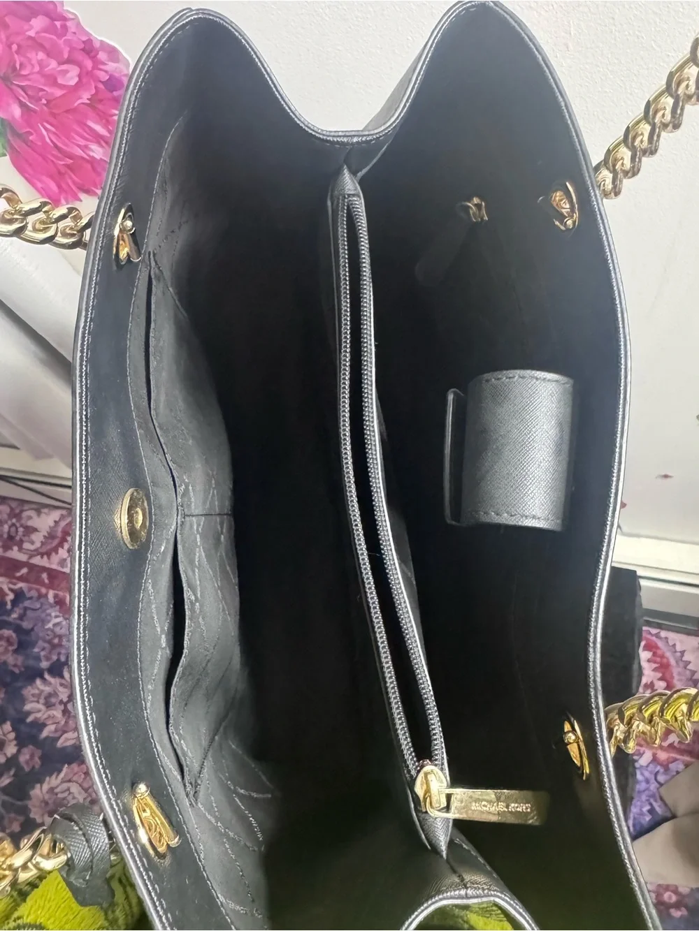 Michael Kors Black Saffiano Chain-Handle Shoulder Tote with Gold Hardware